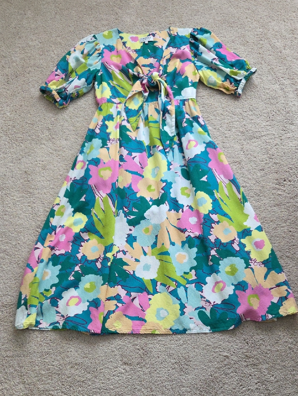 CROSBY by Mollie Burch Teal Pink Multicolor Floral Midi Dress with Front Tie